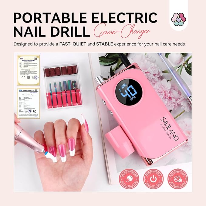 SAVILAND Electric Nail Drill Professional: 40000RPM Pink Rechargeable Electric Nail Filer with 6000mAh Battery, for Shaping, Removing & Polishing Acrylic Nails Home Salon Manicure Pedicure Ideal Gift