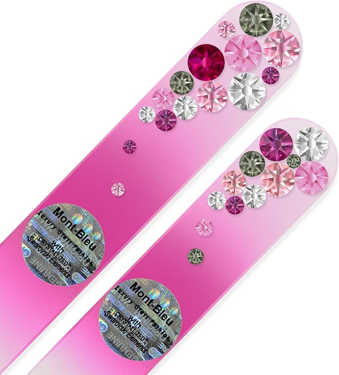 Mont Bleu Premium Set of 2 Glass Nail Files - Hand Decorated with Crystals - Improves Nail Strength - Washable