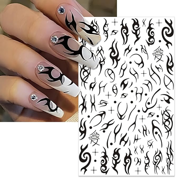 Gothic Nail Art Stickers - Halloween Black Snake Skull Fire Self-Adhesive 3D Nail Decals for DIY Punk Horror Manicure (5 Sheets)