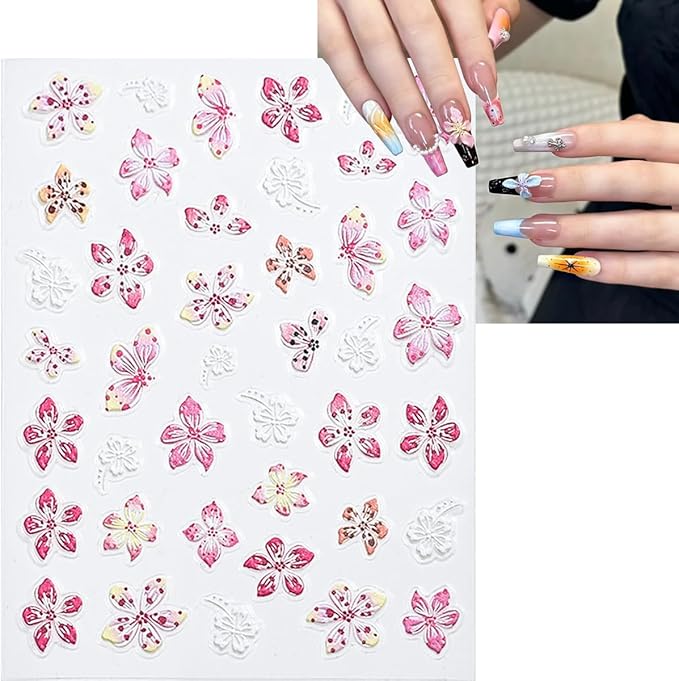 6 Sheets 5D Embossed Nail Art Stickers Colour Hibiscus Nail Decals Self-Adhesive Cute Floral Nail Decor Hawaiian Hibiscuss Flower Nail Design Stickers Summer Nails Supply for Women DIY Manicure