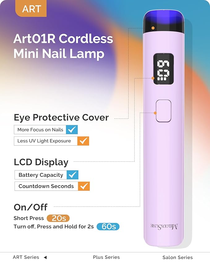 Melodysusie Handheld UV Light for Gel Nails, ART01R Cordless Gel X Nail Lamp Rechargeable with LCD Display, Eye-Protective Cover Flash Cure Nail Dryer for Rhinestone Glue Decoration DIY At Home Purple