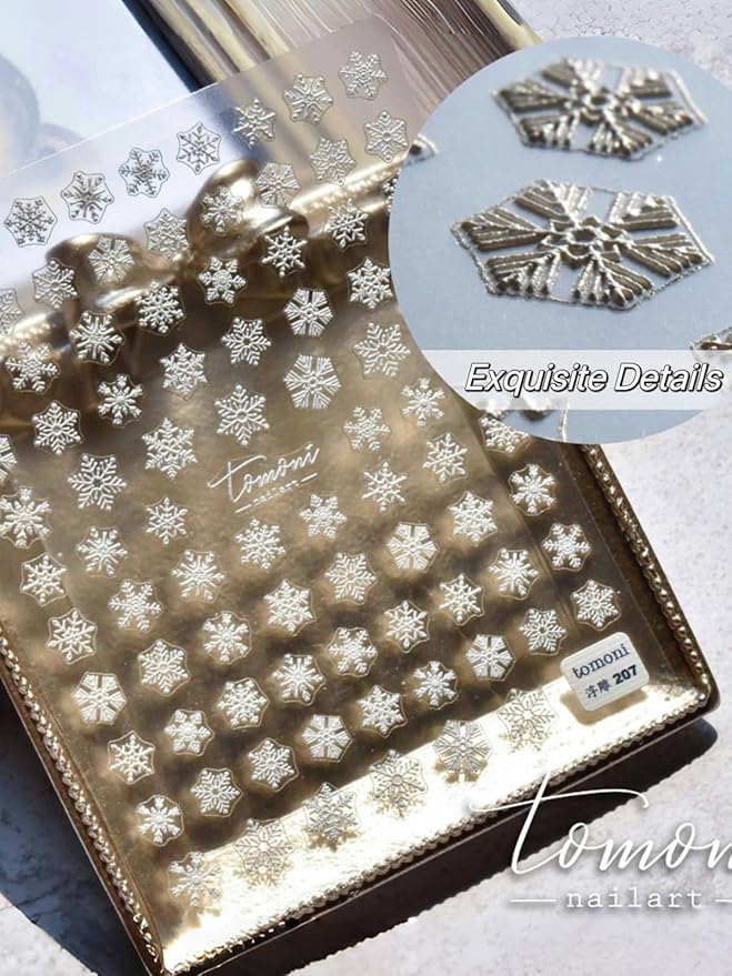 SoftSoul Snowflake Nail Stickers, 5D Embossed, White with Silver Accent, Premium Salon-Quality, Easy Application, Self-Adhesive, DIY Manicure, Nail Art, Press on, Home or Salon Use