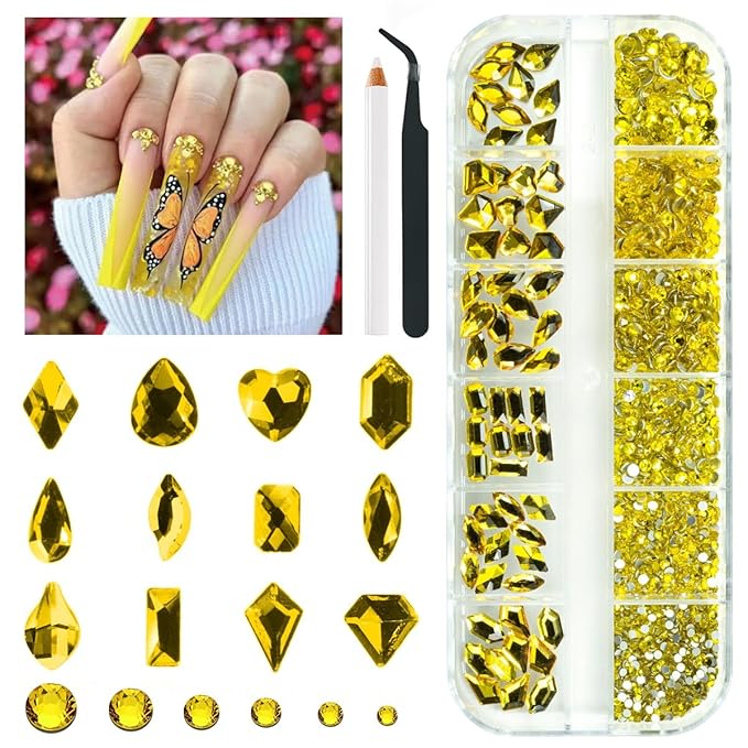 1802Pcs Golden Yellow Nail Rhinestones Kit 72 Multi Shapes Crystal Flatback Gold Yellow Rhinestones Big Gems +1730 Round Beads K9 Glass Stones Diamonds jewels Charms for Nails Faces Eyes Makeup