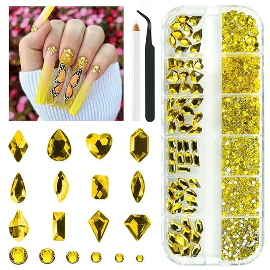 1802Pcs Golden Yellow Nail Rhinestones Kit 72 Multi Shapes Crystal Flatback Gold Yellow Rhinestones Big Gems +1730 Round Beads K9 Glass Stones Diamonds jewels Charms for Nails Faces Eyes Makeup