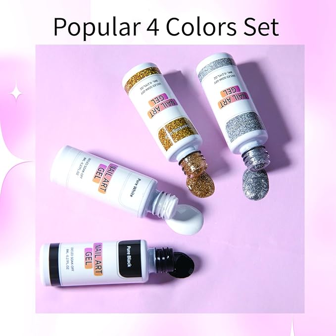 Gel Liner Nail Art Polish Set Gel Liner Nail Art Kit For Nail Design, 4 Colors Black White Gold Silver Design Paint with Thin Brush for French Tip Manicure DIY Nail Art, 8ML