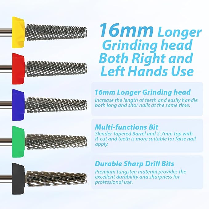 16mm 5 in 1 Nail Drill Bits for False Nail Apply, 3/32'' Tapered Tungsten Carbide Professional Bit, Slender Bit for Corners, Left & Right Hand Use, Manicure Cuticle Gel Polishing, Medium.