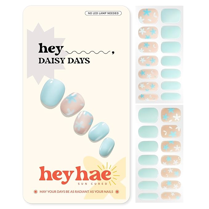 Heyhae Semi Cured Gel Nail Strips | No LED Lamp Needed | Spring, Marble, Pink | Easy Apply & Remove, Salon Quality | Includes 28 Strips, 1 Prep Pads, Nail File & Wooden stick - Hey, Daisy Days