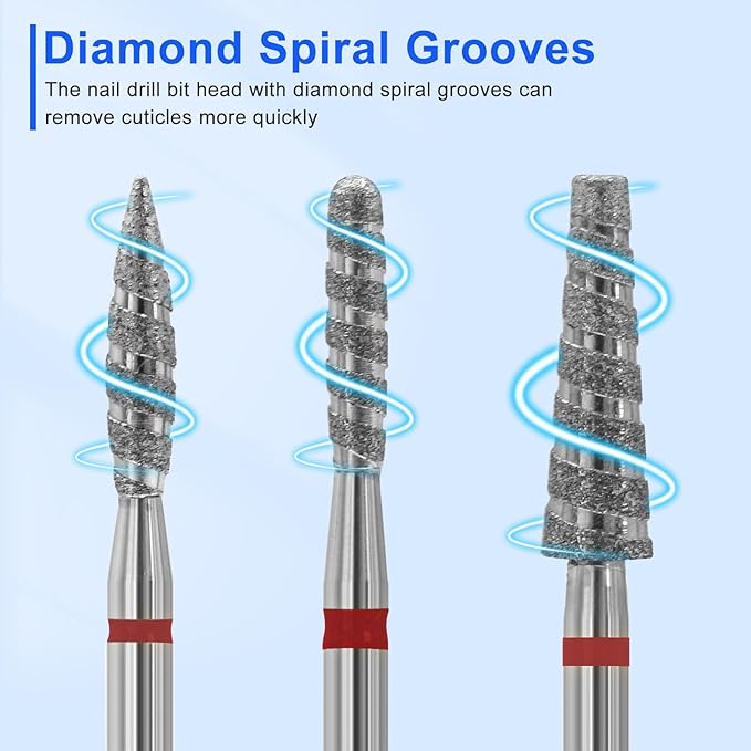 Diesisa 6 Pack Nail Drill Bits for Acrylic Nails, Diamond Carbide Nail Clipper Heads with Diamond Spiral Grooves, 3/32 Inch Cutter Attachment for Nail Preparation, Cuticle and Dead Skin Removal-Red