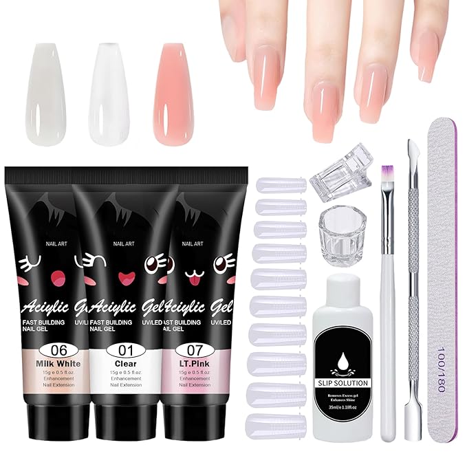 Poly Nail Gel Kit,10PCS Poly gel Nail Kit Starter Kit,Clear White Pink Builder Nail Gel,Kit De Poly gel Para Uñas Completo,with Slip Solution Dual Nail forms,Nail Clips for Poly Gel