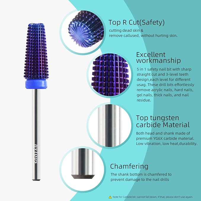 Purple 5 in 1 Nail Drill Bit, 15mm Tapered Carbide Nail Bits, Professional Straight Cut Drill Bits for Nails, 3/32" Two-way, Electric Manicure Gel Polish Acrylic Powder Removal Tool, Medium