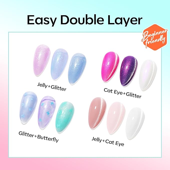 modelones 32 PCS Summer Gel Nail Polish Set, 28 Colors Glitter Cat Eye Jelly Pearl Chameleon Gel Polish with Magnet, No Wipe Base Coat, Glitter & Glossy & Matte Top Coat Soak Off Nail Art Kit