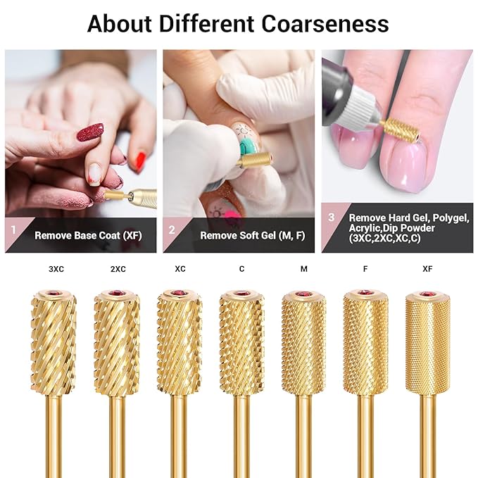 MelodySusie Crystal Top Red Heart Shape Nail Drill Bits, 3/32'' Large Barrel Carbide Bits, Suitable for Manicure Pedicure Cuticle Gel Polishing, Beginners Bits, Gold, Series Bit-S, Medium
