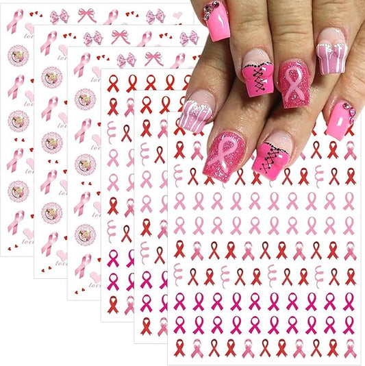 6 Sheets Breast Cancer Nail Stickers for Nail Art Stickers 3D Self-Adhesive Nail Decals Pink Ribbon Nail Decals Breast Cancer Awareness Nail Design Decals Nail Art Supplies Designs for Women DIY