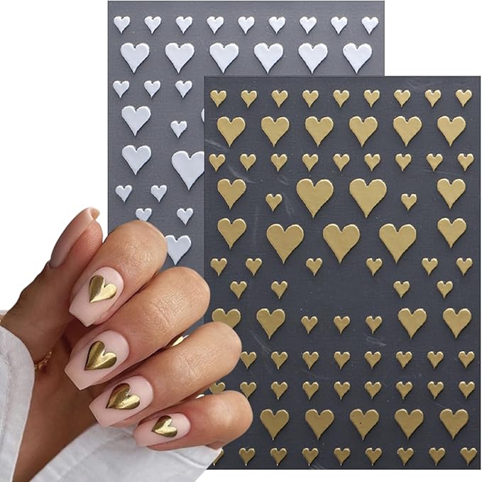 6 Sheets Heart Shaped Nail Art Stickers 3D Laser Star Shape Nail Stickers Self-Adhesive Gold and Silver Heart Shape Design Decals Four Pointed Star Women's Nail Decoration