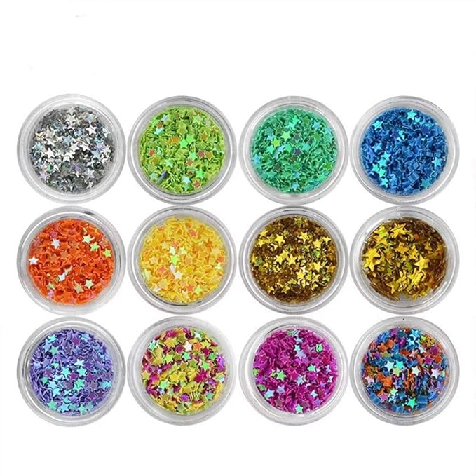 Nail Art Glitter Sequins Five Star Acrylic UV Gel False Tips Decoration 12 Pots