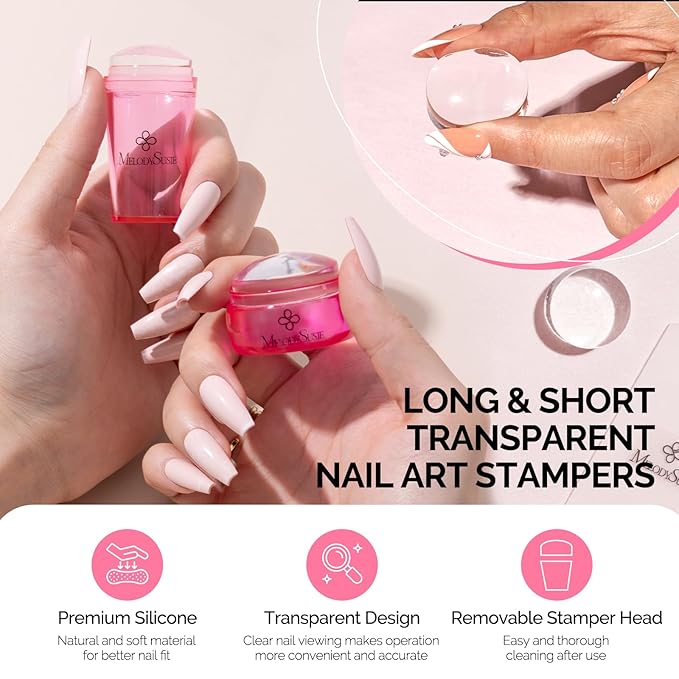 MelodySusie French Nail Stamper Kit, Silicone Stampers with Scrapers, 4PCS Tool for French Manicure DIY Home Nail Design Salon, Pink