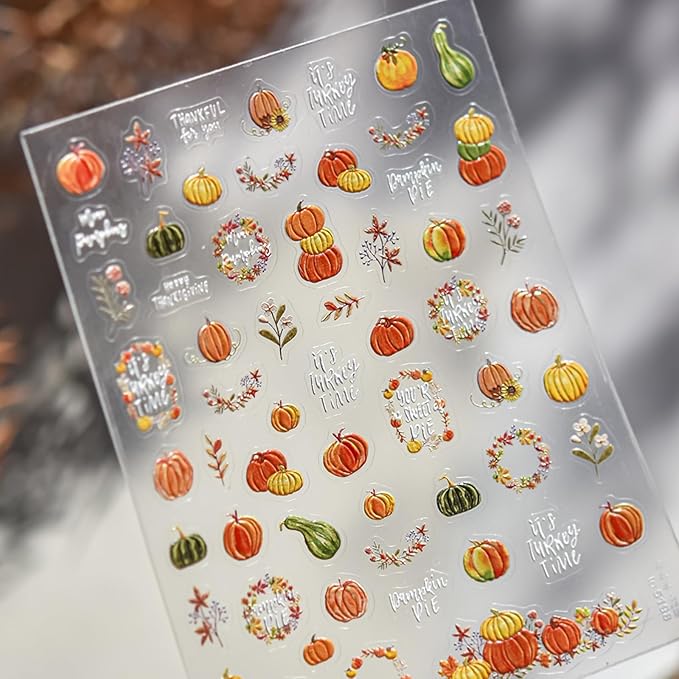1 Sheet Fall Nail Stickers 5D Embossed Maple Leaves Nail Stickers for Nails Thanksgiving Day Pumpkin Nail Decals Fall Leaf Garland Nails Supplies Autumn Leaves Pumpkin Design Sticker for Women
