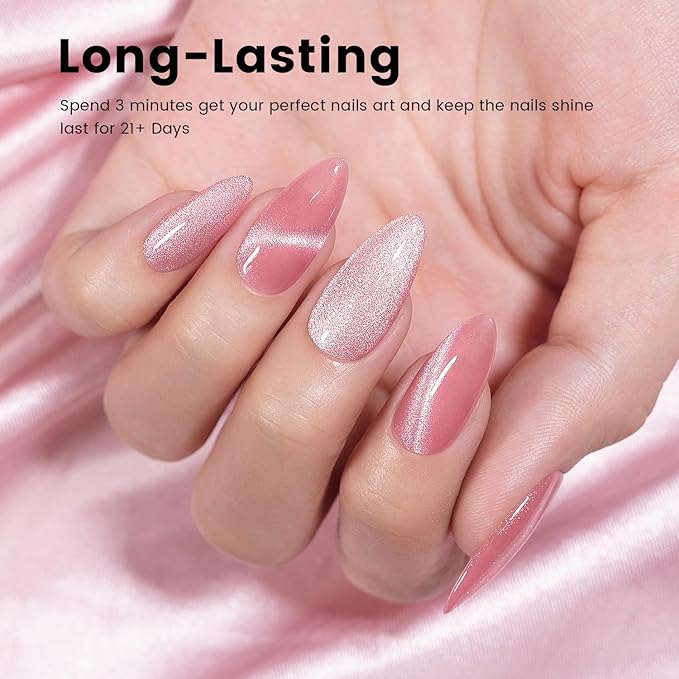 RARJSM Nude Sheer Pink Cat Eye Gel Nail Polish Silver Glitter 15ml 9D Velvet Cateye Shimmer Galaxy Ice Jelly Pink Gel Polish with Magnetic Stick UV LED Curing Require Soak Off DIY Home Salon