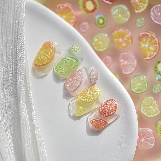 Summer Nail Art Stickers 5D Embossed Fruit Style Nail Decals Lemon Kiwifruit Self-Adhesive Nails Design Summer Nail Stickers Manicure Supply for Women DIY Nail Art Decorations