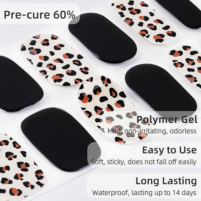 28pcs Semi Cured Gel Nail Strips, Gel Nail Stickers Work with Any UV Nail Lamps, Long Lasting Gel Nail Wraps for Women, includes Prep Pads, Nail File & Wood Stick(Leopard Print)