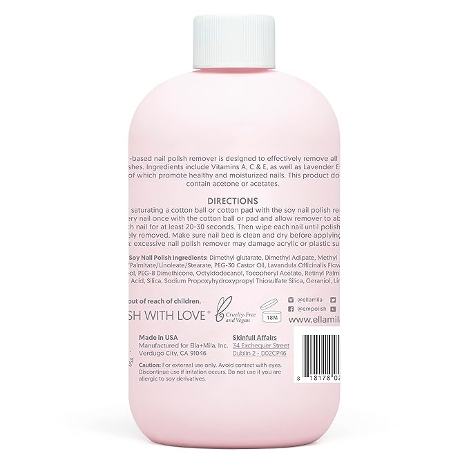 ella+mila Soy Nail Polish Remover Non-Acetone Nail Polish Remover - Non-Toxic Fingernail Polish Remover - For Natural Nail Polishes - Enriched with Lavender Essential Oil & Vitamins A,C & E (16 fl oz)