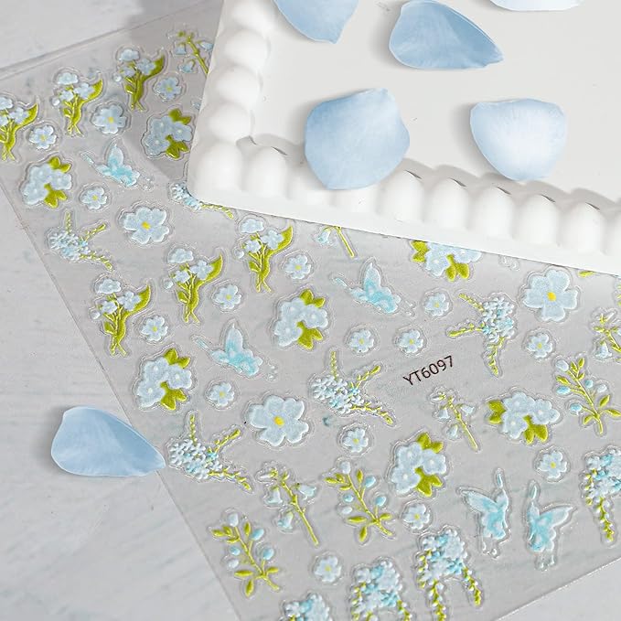 Flower Nail Stickers for Nail Art - Blue Flower Nail Art Sticker Floral Embossed Leaf Butterfly Nail Decals Self-Adhesive Nails Supply Manicure Stickers for Nails Decoration