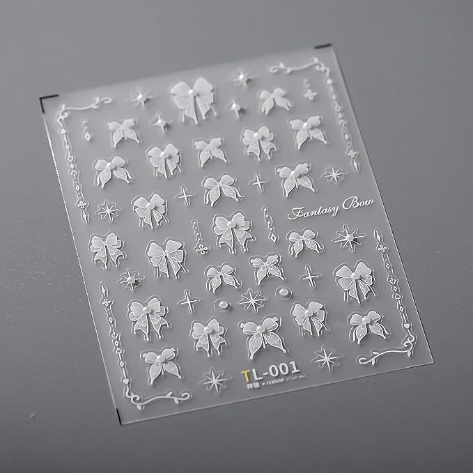 Lace Bow Nail Art Stickers 5D Embossed White Lace Pearl Bow Nail Stickers Cute Bow Pearl Rhinestone Design Women Girls DIY Nail Art Decoration 1 Sheet