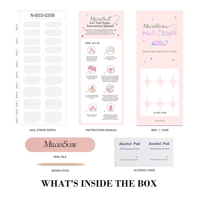 MelodySusie Semi Cured Gel Nail Strips (White), Works with Nail Lamp, Salon Quality, Long Lasting, Easy to Apply and Remove, Includes 20Pcs, 2 Prep Pads, Nail File and Wooden Stick