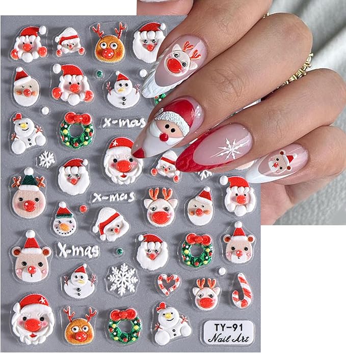 Christmas Nail Art Stickers 5D Exquisite Embossed Nail Decals Christmas Tree Santa Claus Snowflake Xmas Nail Design Winter Nail Supplies Christmas Holiday Nail Decorations for Women Girls 1 Sheets