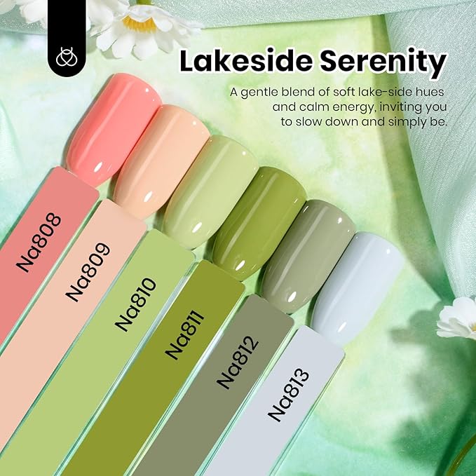 Beetles Gel Nail Polish Set Hema Free - 6 Colors Green Nude Natrual Pink Gel Polish Kit Soak Off Uv LED Nail Lamp 15ml DIY Home Manicure Salon Lakeside Serenity Gift for Women Girls