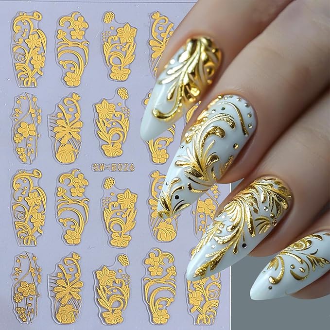 Fall Maple Leaves Nail Art Stickers for Thanksgiving, Gold Maple Leaves Nail Decals 3D Self-Adhesive with Gold Flowers Leaf Design 4Pcs Fall Glitter Nail Art Supplies for Women Nail Decoration