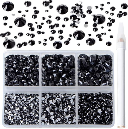 Bymitel 5000 Pieces 6 Mixed Sizes Glue Fix on Glass Rhinestones Round Crystal Gems Flatback for DIY Jewelry Making with one Picking Pen(Mix: SS4-SS30/5000PCS, Black)
