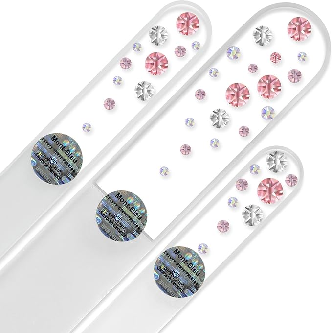 Mont Bleu Set of 3 Glass Nail Files Hand Decorated with Crystals - Handmade - Czech Tempered Glass