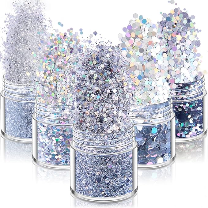 5 Boxes Holographic Nail Glitters Silver Nail Glitter Sequins Nail Art Supplies Powders 3D Laser Acrylic Nails Powder Dust Sequins for Nail Art Decoration Sparkles Glitters Manicure Arts Makeup Crafts