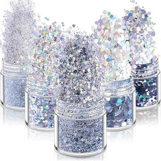 5 Boxes Holographic Nail Glitters Silver Nail Glitter Sequins Nail Art Supplies Powders 3D Laser Acrylic Nails Powder Dust Sequins for Nail Art Decoration Sparkles Glitters Manicure Arts Makeup Crafts