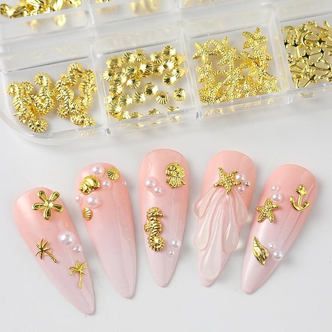 Metal Beach Nail Art Charms 3D Gold Marine Life Nail Charms with Seahorse Shell Starfish Designs Nail Rhinestones for Acrylic Nails Golden Palm Tree Flowers Nail Jewelry for Women Summer Nails Supply