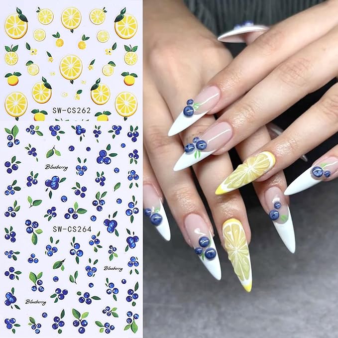 5Sheets Fruit Nail Art Stickers 3D Bohemia Fruit Design Nail Decals Self-Adhesive Flower Pattern Totem Lemon Nail Sticker Summer Strawberry Blueberry Nail Decal for Women DIY Nails Decoration Supplies