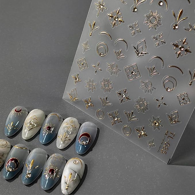 Gold Flower Nail Art Stickers 5D Embossed Retro Nail Decals Bohemia Flower Designs Self Adhesive Gel Nail Art Supplies Accessories Colorful Nail Stickers for Women Nail Decoration