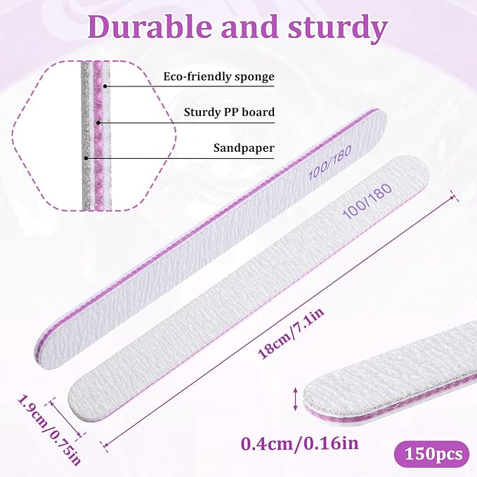 150 Pieces 100/180 Grit Nail Files, Double Sided Emery Boards Professional Washable Reusable Nail Buffers Manicure Tools Emery Board Nails Files for Natural Acrylic Nails, Home and Salon Use