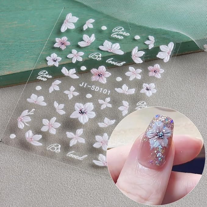 Cherry Nail Stickers 5 Sheets Cherry Blossom Nail Decals Spring Summer Fruits Nail Decoration 5D Embossed Stickers for Nail Art Bows Stars Butterfly Flowers Nail Stickers Manicure Supplies