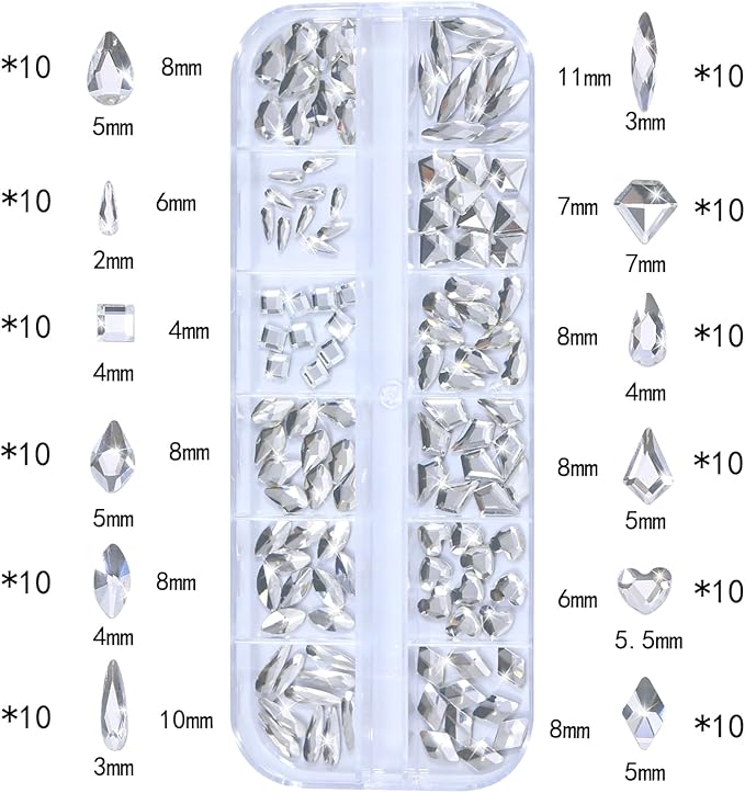 Nail Rhinestones - 3D Multi Shape Size, Flat Back, Manicure Rhinestones Charms, Crystals White Gems, with Kit, for Nail Art, Bedazzling Acrylic Nails, DIY Decor