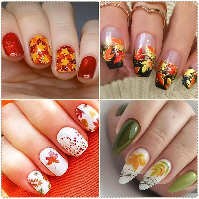 Fall Nail Art Stickers, Thanksgiving Day Laser Glitter Nail Decals, 3D Self-Adhesive Maple Ginkgo for DIY Nail Supplies Decoration(6 Sheets)