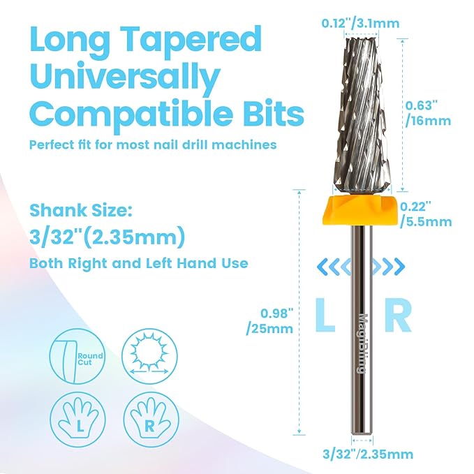 16mm 5 in 1 Tapered Barrel Nail Drill Bits, 3/32'' Safety Tungsten Carbide Bits, Right & Left Rotation, Manicure Cuticle Gel Acrylic Removal Polishing, Technicians Bits, Double Coarse.