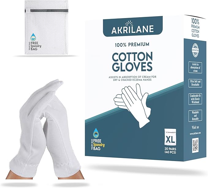 AKRILANE XL Extra Large 20 Pairs Cotton Moisturizing Gloves for Dry Hands | Eczema, Psoriasis & Skin Spa Treatment for Women & Men | Washable & Reusable with Free Laundry Bag