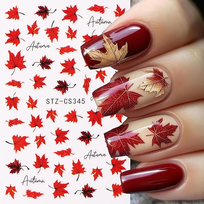 6 Sheets Fall Nail Stickers for Nail Art Orange Red Maple Leaves Nail Art Stickers Glitter Thanksgiving Pumpkin Nail Decals 3D Self-Adhesive Autumn Maple Leaf Nail Decoration for Women