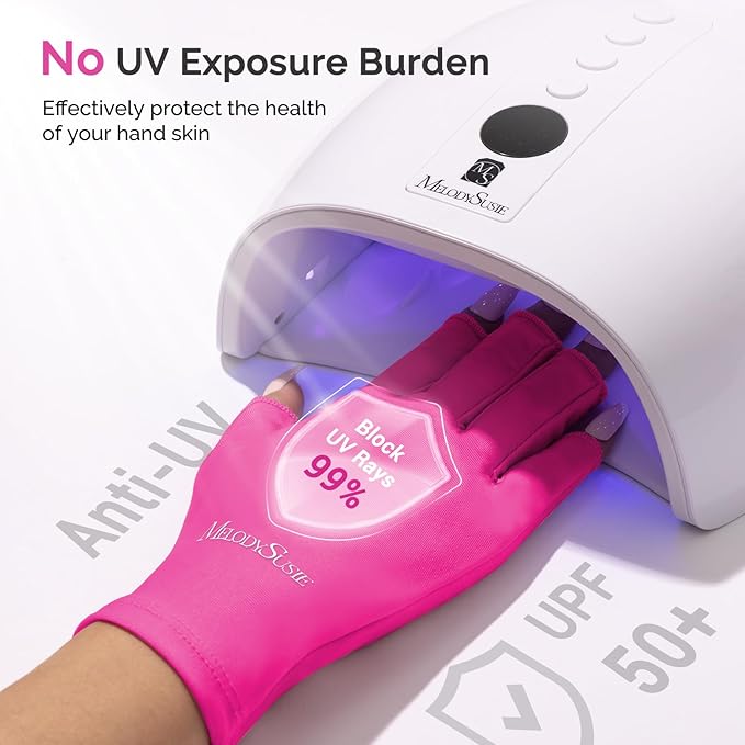 MelodySusie Premium UV Protection Gloves for Manicures, Cool Feeling Fabric,Professional UPF50+, UV Nail Gloves for Gel Nail Lamp, Anti UV Light, Skin Care Fingerless Design, Neon Pink