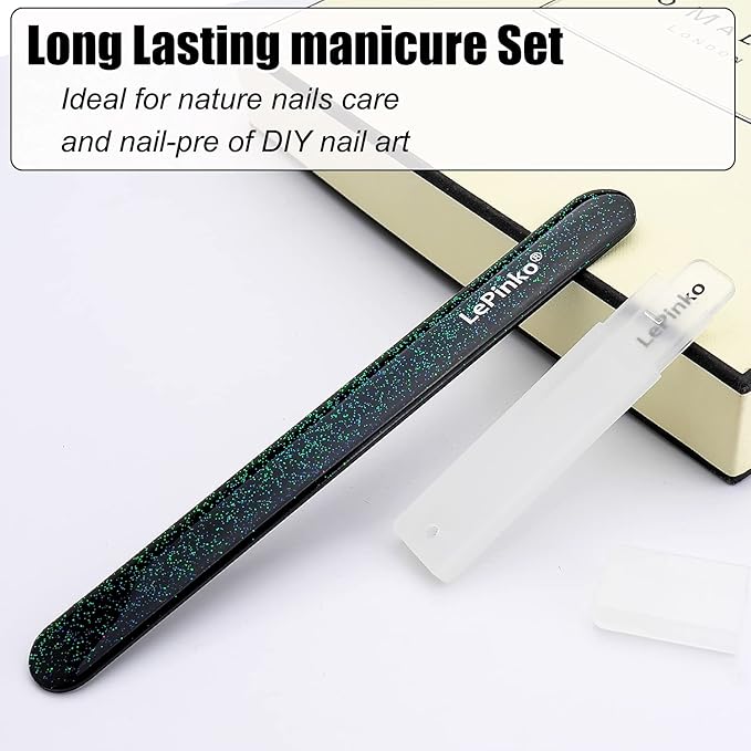 Long Lasting Nail File and Buffer Set, 1 Diamond Metal Nail File with 1 Nano Glass Nail Buffer, Professional Manicure Tools Kit for Home and Salon Use