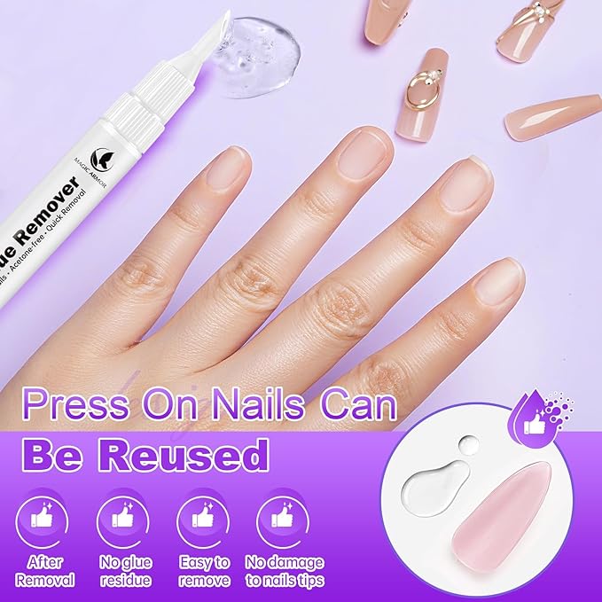 2PCS 15ml Pinpoint Nail Glue Remover for Press on Nails, Acetone-Free Odorless Formula Gentle Remover, 2 IN 1 Design Refillable Nail Polish Remover Pen