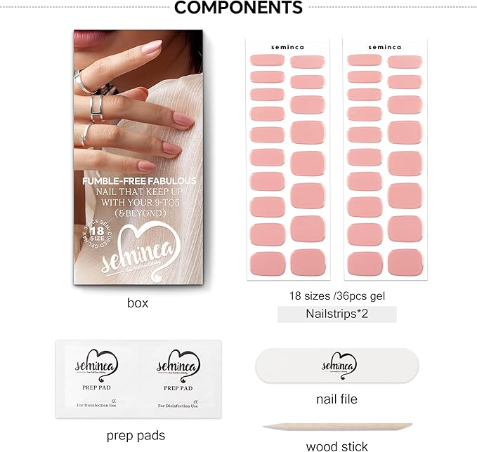 Semi Cured Gel Nail Art Wraps-18 Size Nail Strips Salon-Quality, Long Lasting, Easy On & Off Includes 36pcs Gel Nail Wraps Works with Any UV/LED Lamps(Bare Apricot)