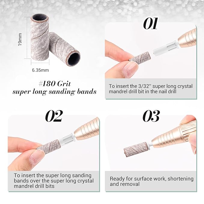 MelodySusie 50 Pcs Nail Drill Bits Super Long Sanding Bands with 6.65mm Crystal Mandrel Bit, 180 Fine Grit Nail File for Acrylic Nails Gel Manicures and Pedicure, Zebra